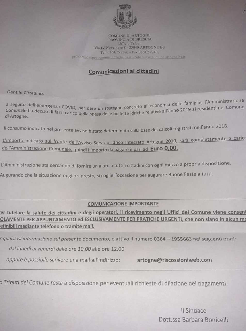 Il Comune paga le bollette dell’acqua ai cittadini