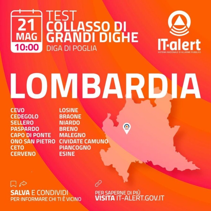 Rischio collasso di grandi dighe: alle 10 il test del sistema IT Alert in 16 Comuni della Valle